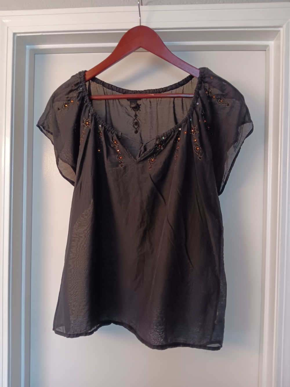 Express Black Embellished Sheer Peasant Blouse